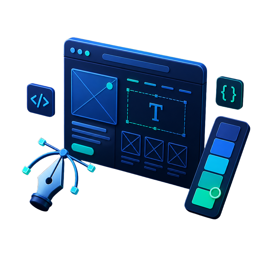 Illustration of web development, UI/UX design and creative tools